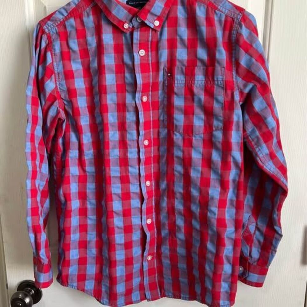 Tommy Hilfiger red / light powder blue check shirt Boys L 16/18
